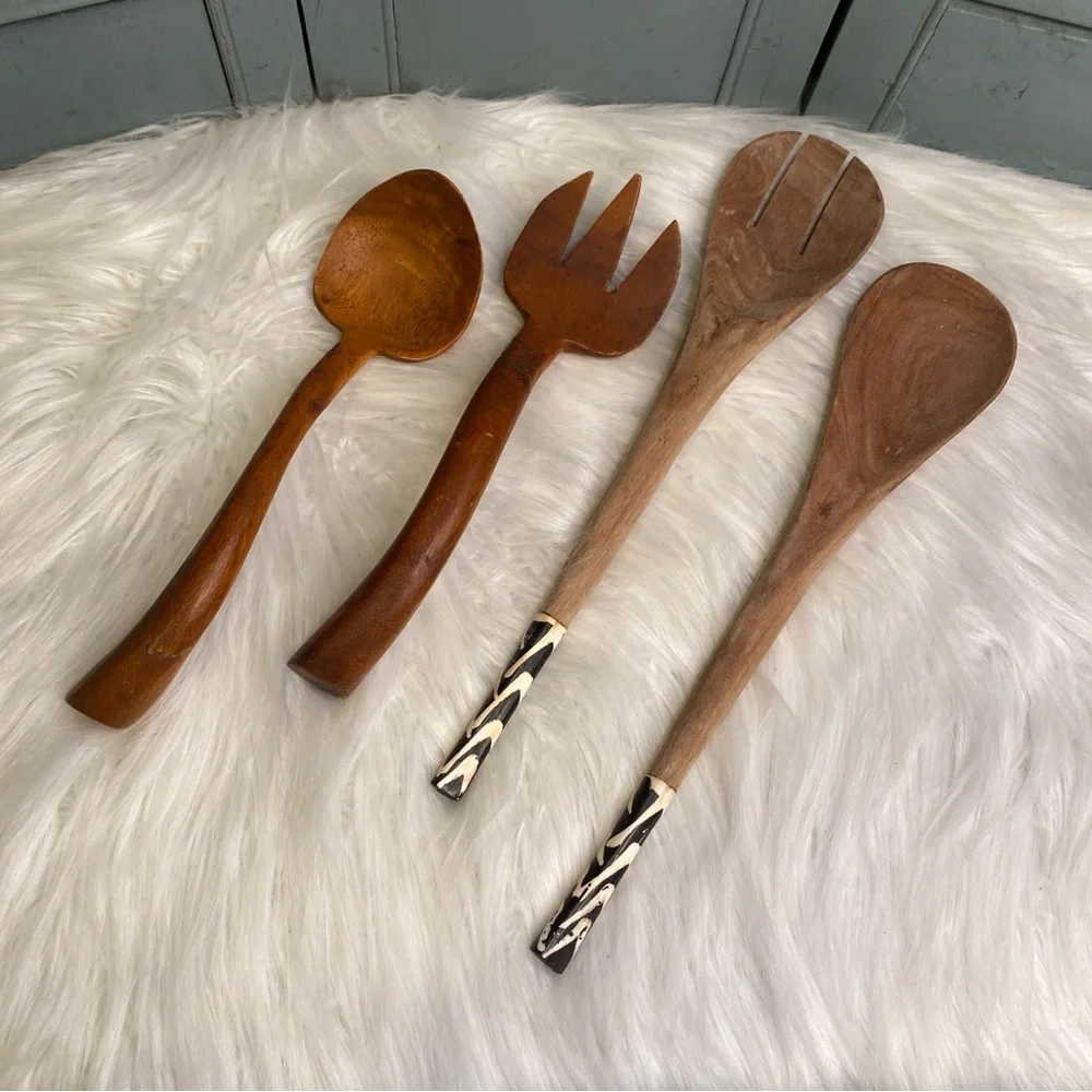 2 Vintage Carved Wood Horn Handle & Arched Curved Handle Salad Serving Sets